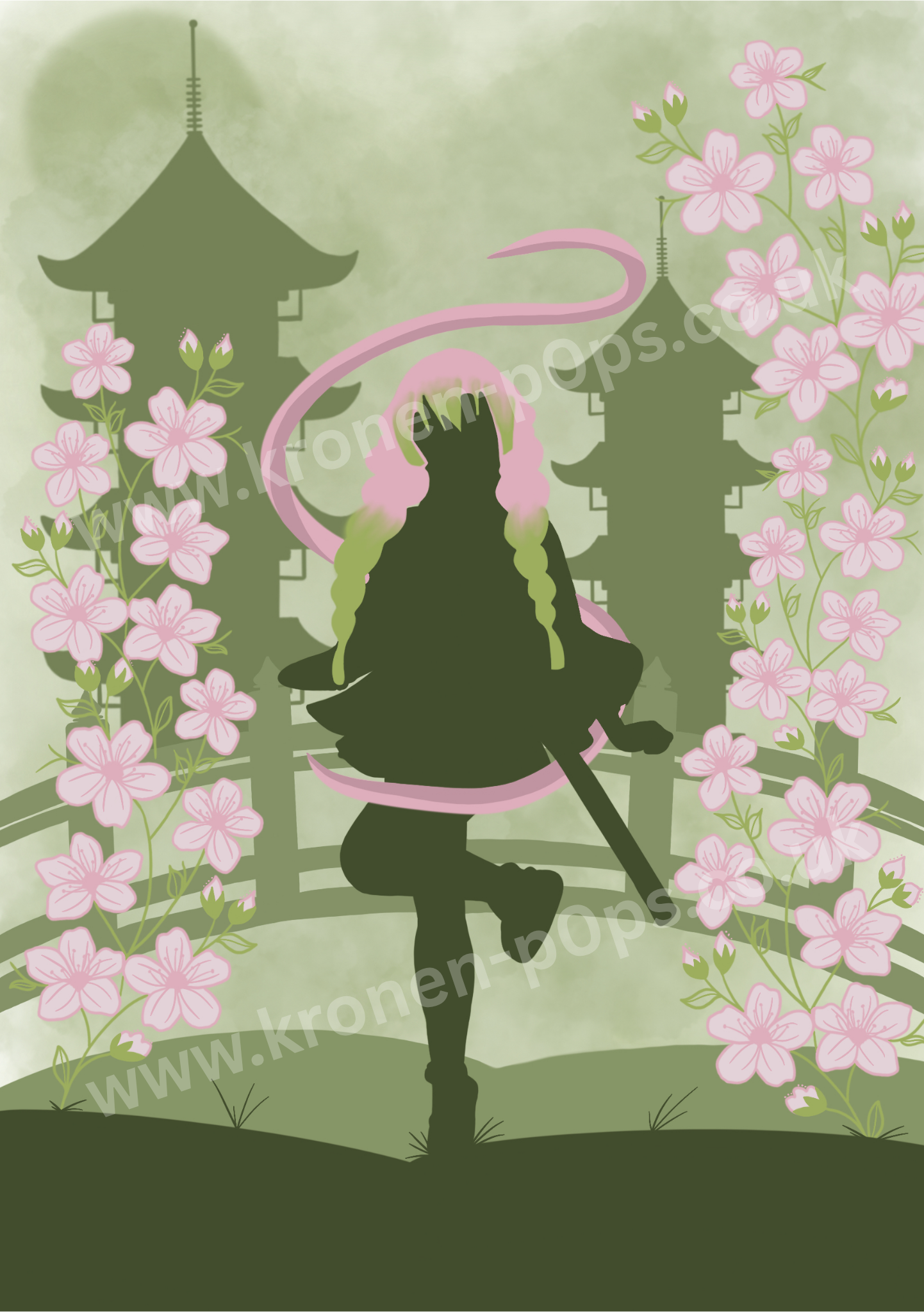 Cherry Blossom Swordswoman A5 Art Print